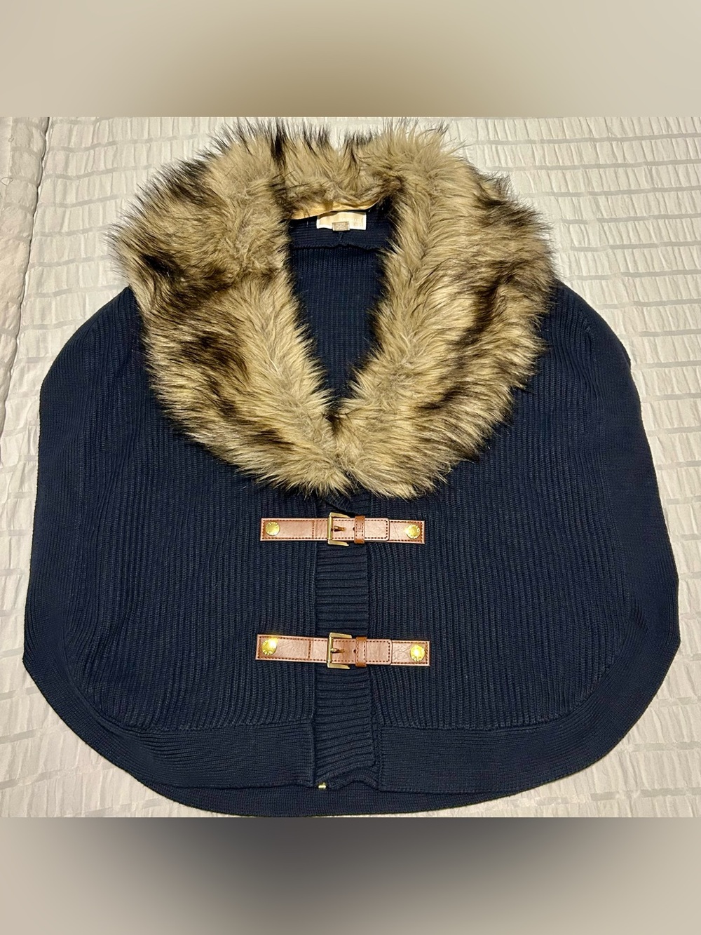 Michael Kors Navy Knit Cape with Faux Fur Collar and Brown Leather Buckles